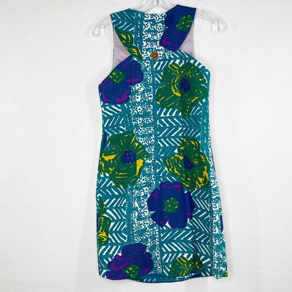 Anthro Vanessa Virginia Hibiscus Sleeveless Shift Sheath Dress Green 2 - Picture 3 of 9